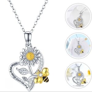 Sunflower Heart Necklace Engraved You Are My Sunshine With Little Bee & Diamond‎
